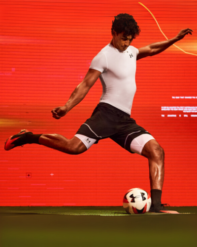 male athlete kicking soccer ball