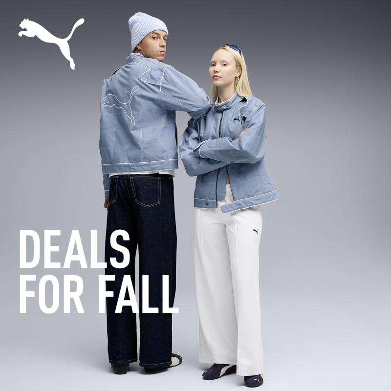 male and female models in steel blue racing style Puma gear