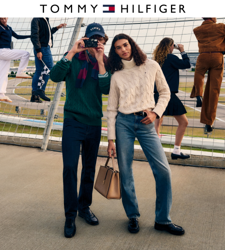male and female models in jeans and sweaters