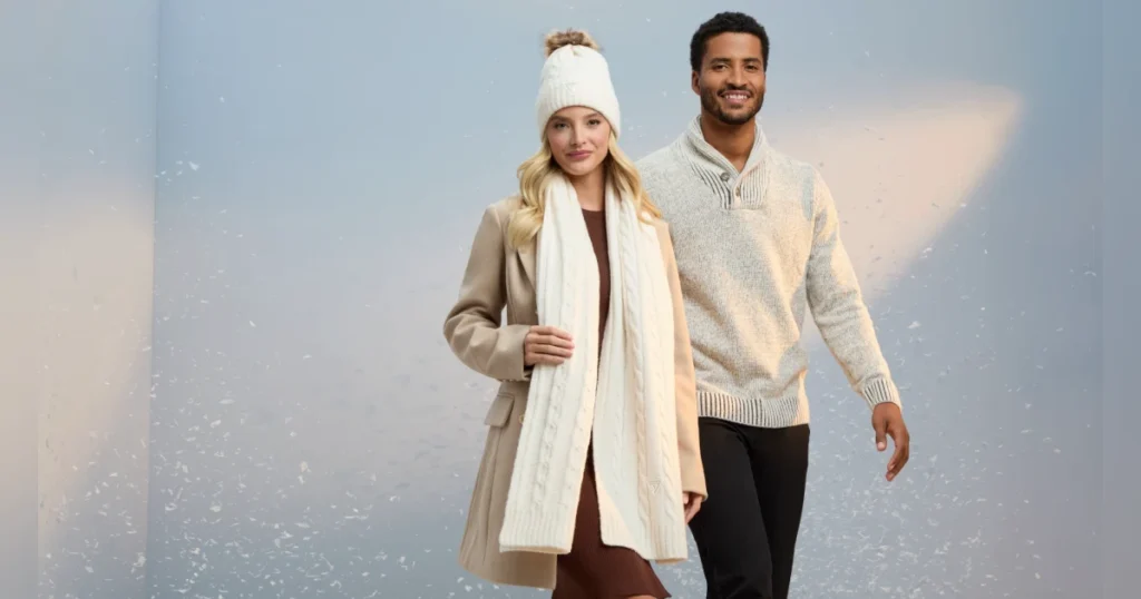 Man and woman walking wearing winter clothes