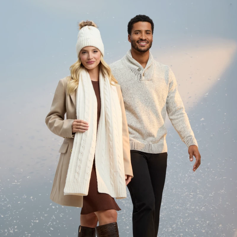 Couple wearing winter clothes from Guess Factory