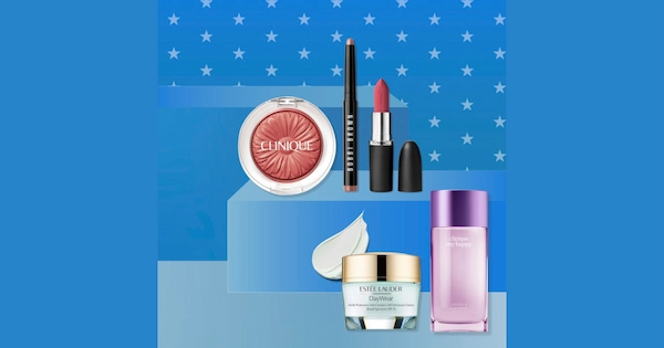 Make up products on pedestal with blue background