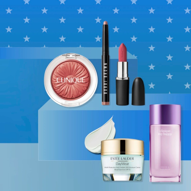 Make up products on pedestal with blue background