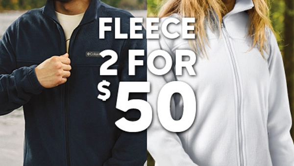 Man and woman wearing Columbia fleece jackets