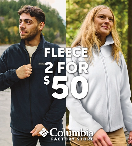 Man and woman wearing Columbia fleece jackets