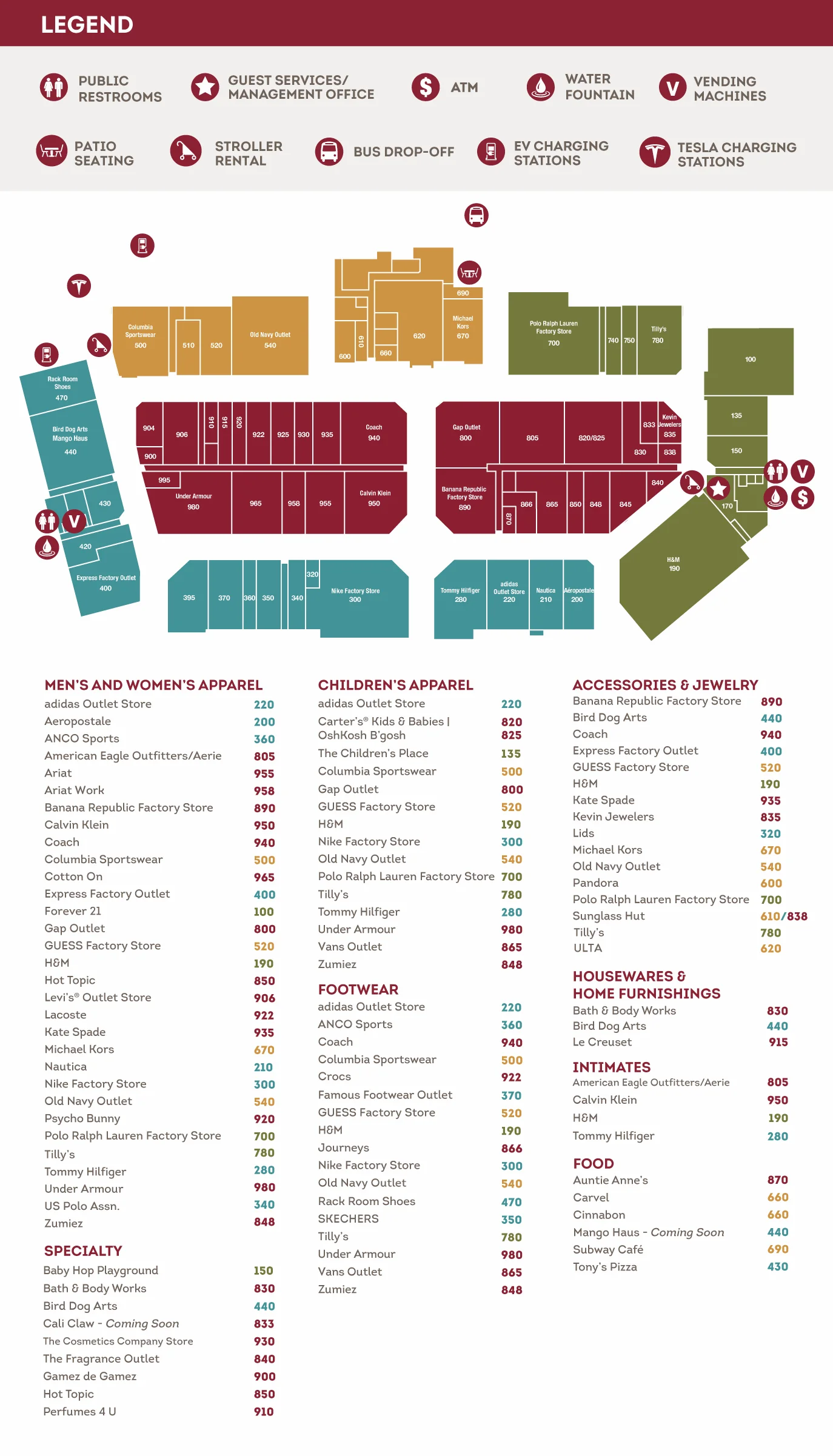 Tejon Outlets directory map 2026