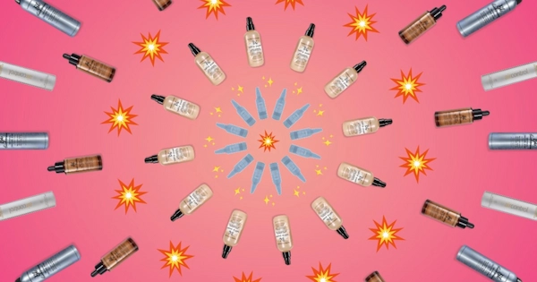 Make up bottles arranged in a circle with pink background