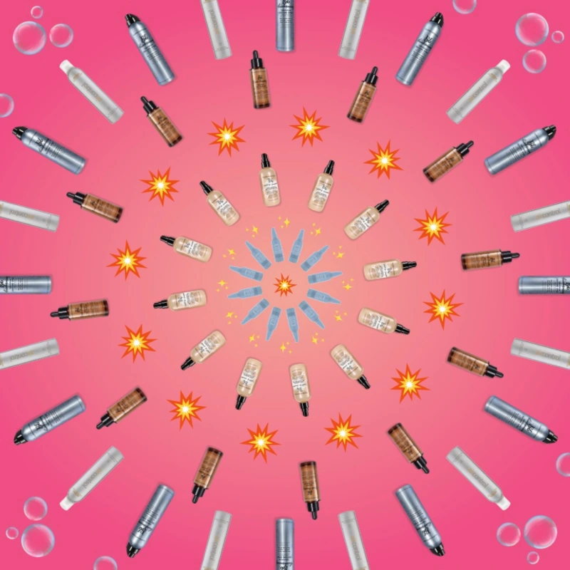 Make up bottles arranged in a circle with pink background