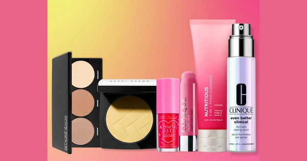 Beauty products in warm displayed with warm background colors