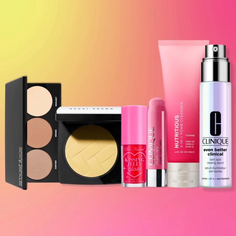 Beauty products in warm displayed with warm background colors