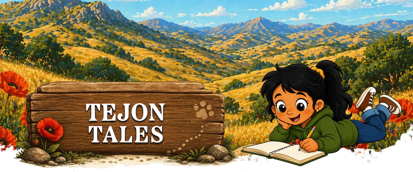 Tejon Tales banner showing little girl reading with wilderness background
