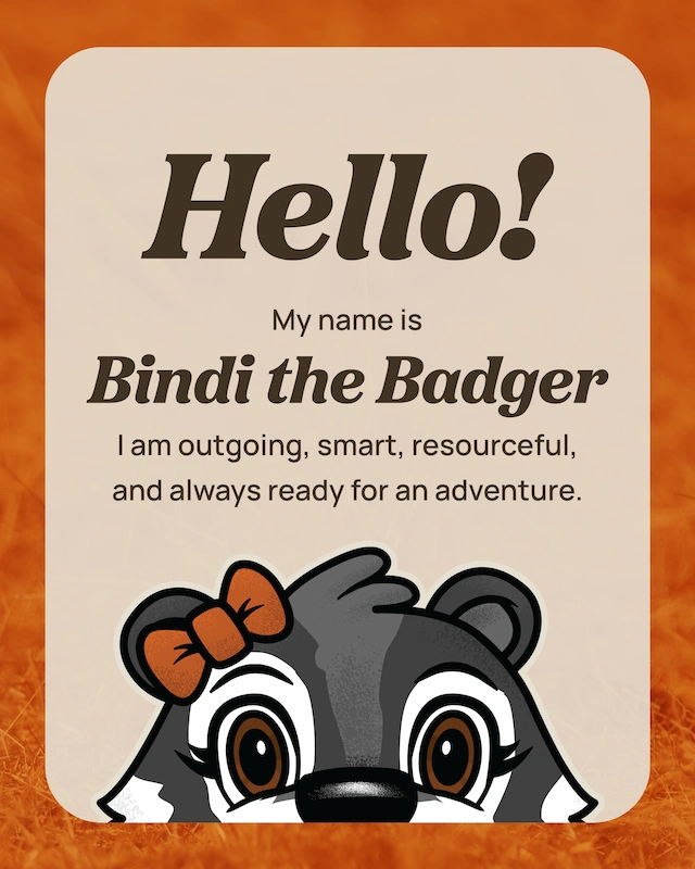 Tejon Tales critters Bindi the badger profile card
