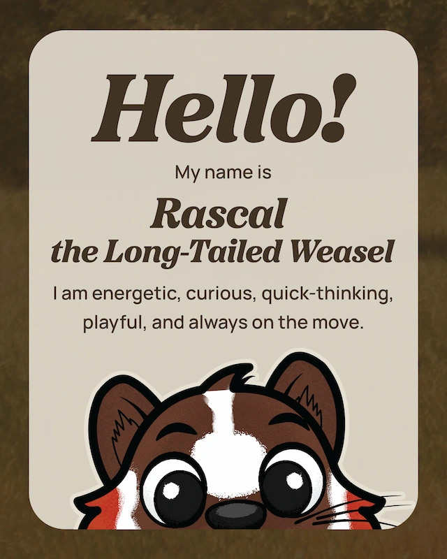 Tejon Tales Rascal the weasel profile card