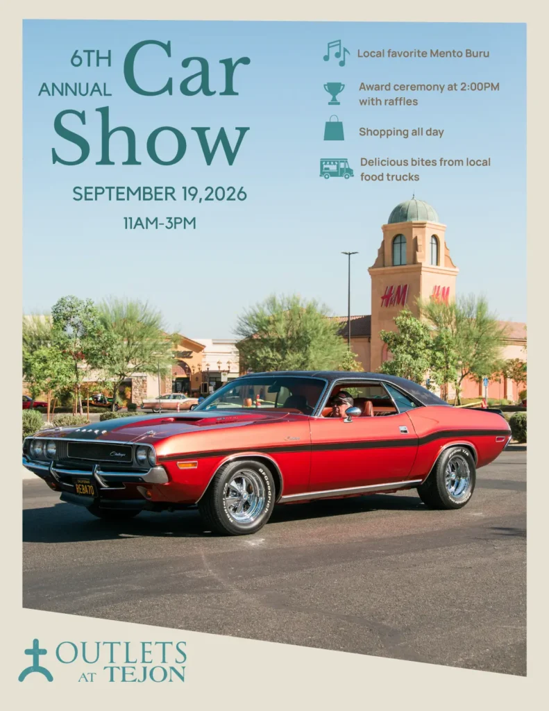Car show flyer with red vintage car parked in Tejon Outlets lot