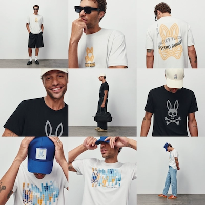 Photo collage of man wearing Psycho Bunny clothing