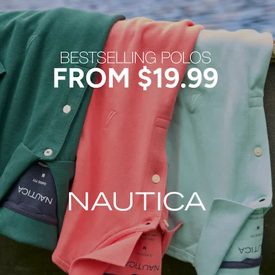 Different color Nautica polo shirts hanging upside down