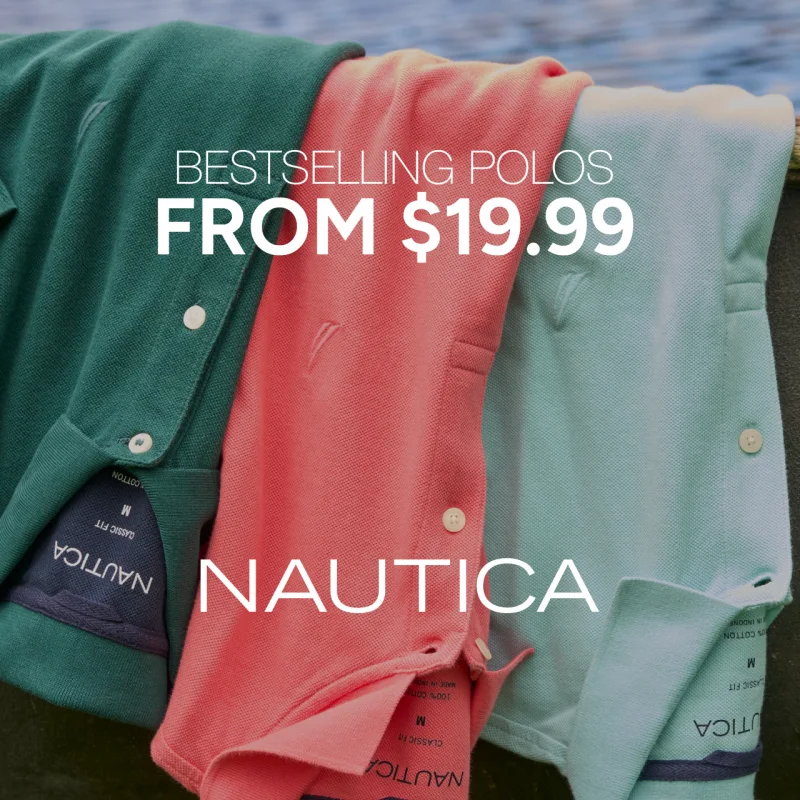 Different color Nautica polo shirts hanging upside down