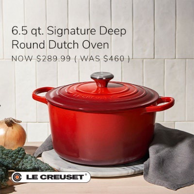 Red deep round dutch oven from Le Cresuet