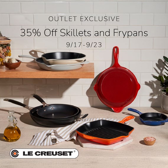 Le Creuset skillet frypans on kitchen counter