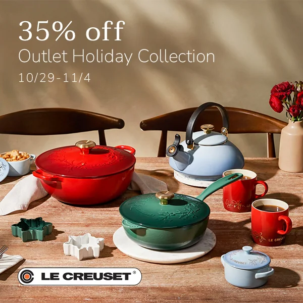 Le Creuset holiday cookware on a dining table