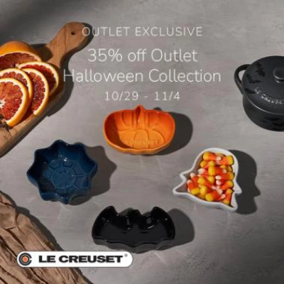 Le Creuset Halloween dishes shaped like a pumpkin, bat and ghost