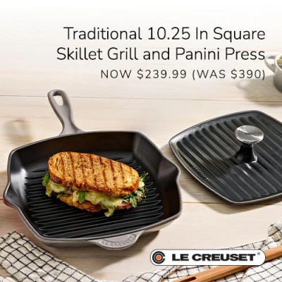 Le Creuset square skillet grill with a grilled sandwich and panini press